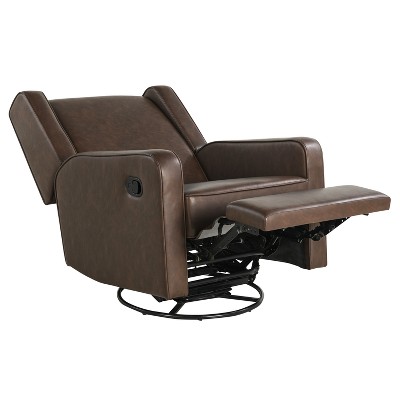 Brown Faux Leather Swivel Recliner with Wood Frame
