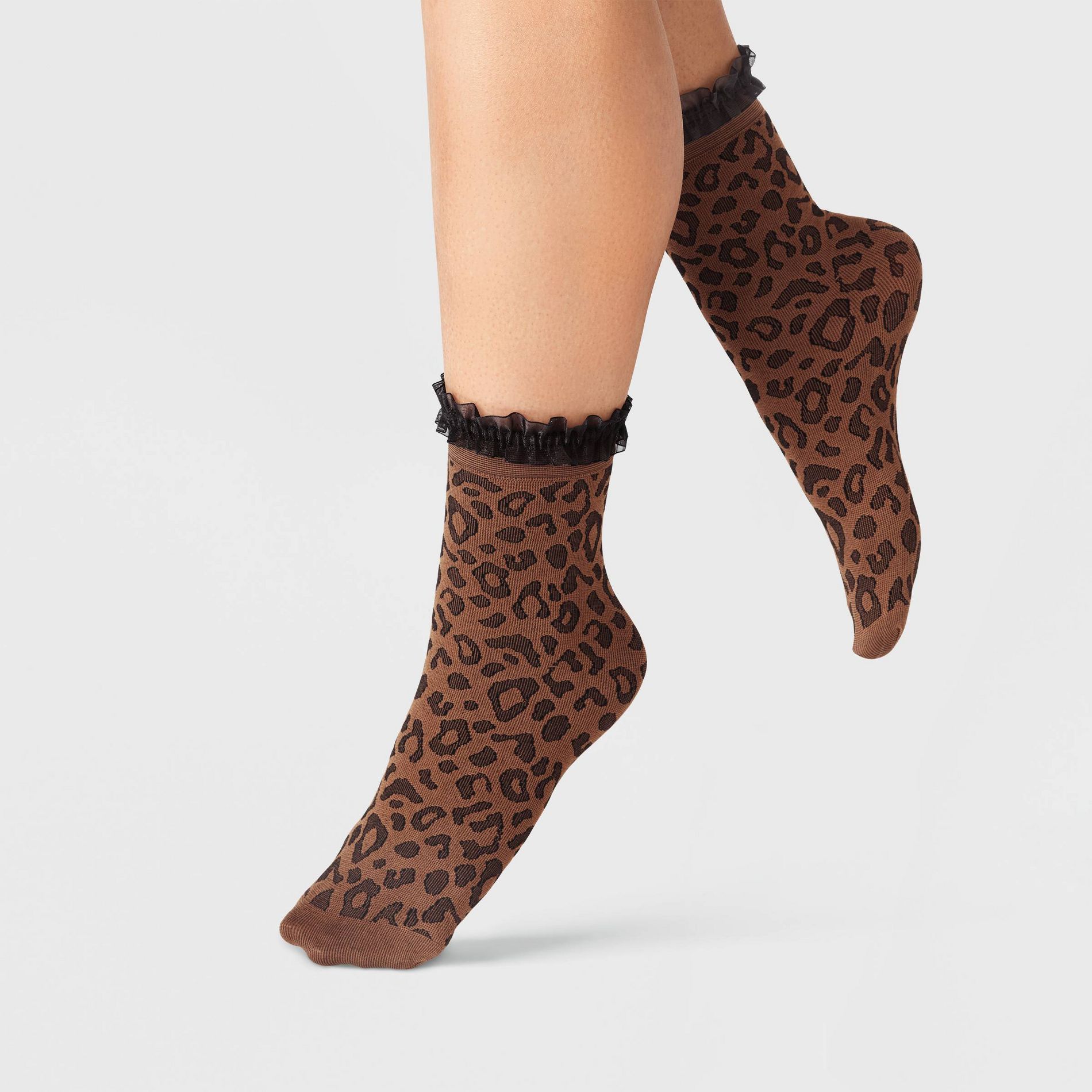 Women's Ruffle Trim Knit Leopard Print Anklet Socks - A New Day™ Brown/Black One Size