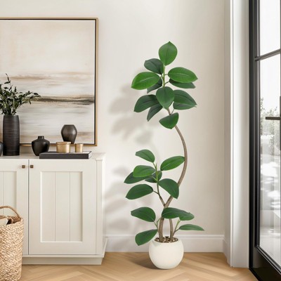 Artificial Rubber Tree with White Sphere Resin Planter Brown Stone Faux Tall Indoor Tropical Large Floor Real Touch Fake Plant for Home Decor