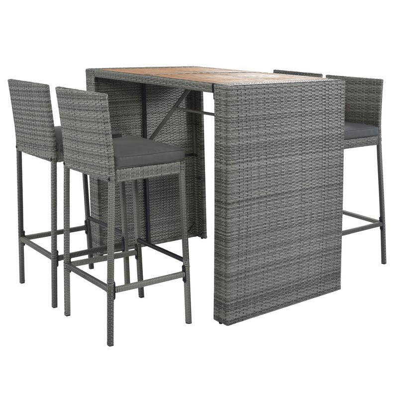 5 PCS Outdoor Patio Acacia Wood Top Wicker Bar with Bar Stools and Removable Cushions,Gray - ModernLuxe, 5 of 15