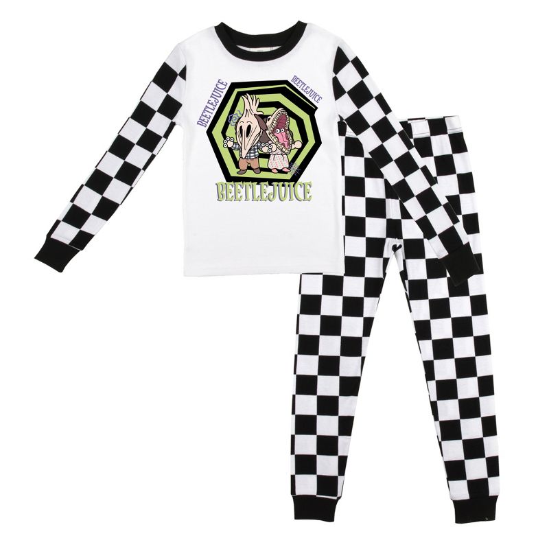 Beetlejuice Character Group with Black and White Checker Pattern Youth Long Sleeve Pajama Set, 1 of 5