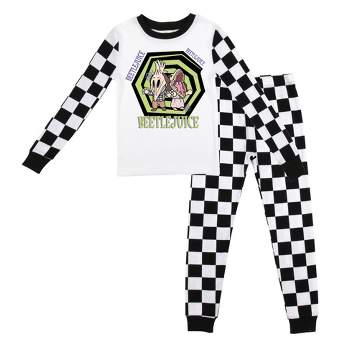 Beetlejuice Character Group with Black and White Checker Pattern Youth Long Sleeve Pajama Set