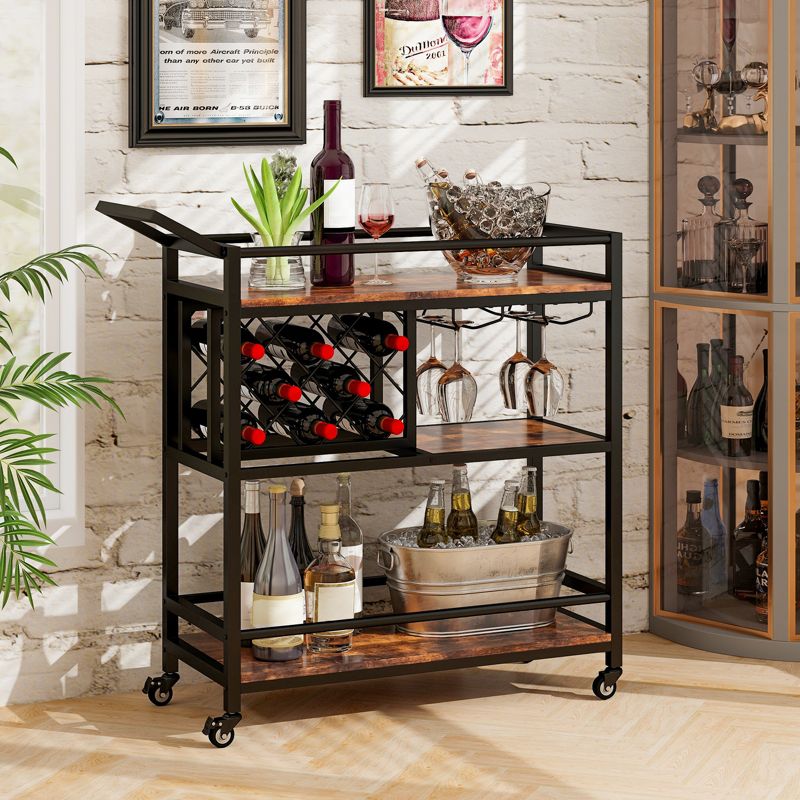 Tangkula 3-Tier Bar Cart Wheels Rolling Serving Cart with Wine Rack and Glass Holder Industrial Storage for Kitchen Dining Room Rustic Brown/Brown, 2 of 10