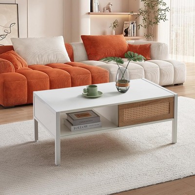 ALEXOUN 40.16Inch Coffee Table - Rattan Design Farmhouse Coffee Table with Storage,Easy to Clean - Center Table for Living Room, Bedroom,Office