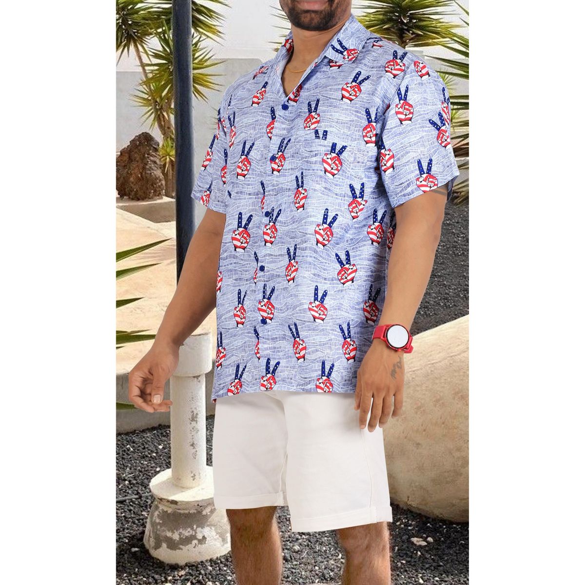 LA LEELA Men's 4th of July Hawaiian Holiday US American Flag Shirt Short Sleeve Button Down Patriotic Shirts for Men 3XL Victory Sign Blue - thumbnail 2