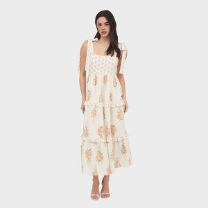 August Sky Women's Mock Tie Strap Tiered Floral Midi Dress - 1 of 4