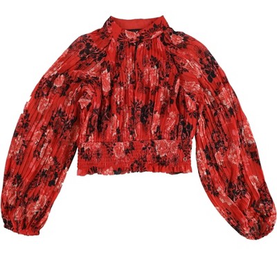 GUESS Womens Bianca Pleated Floral Peasant Blouse, Red, Medium