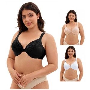 INSPIRE CHIC 3 Pcs Women's Front Closure Lace Trim Underwire Adjustable Straps Plunge Bras - 1 of 4