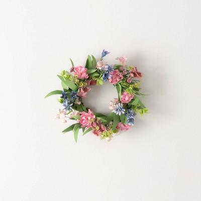 Sullivans Artificial Mixed Spring Mini Wreath Floral Candle 10.5"H; Pink