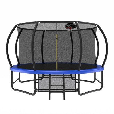 Aukfa 14FT Pumpkin Trampoline with Enclosure Net & Basketball Hoop,Outdoor Trampoline Set with Safety Net, Ladder, Balance Bar
