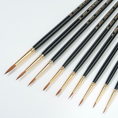 Black and Gold Long Handle Round Sable Brush Set, 9 Pieces