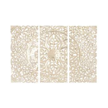 Wood Floral Handmade Intricately Carved Wall Decor with Mandala Design Set of 3 Cream - Olivia & May
