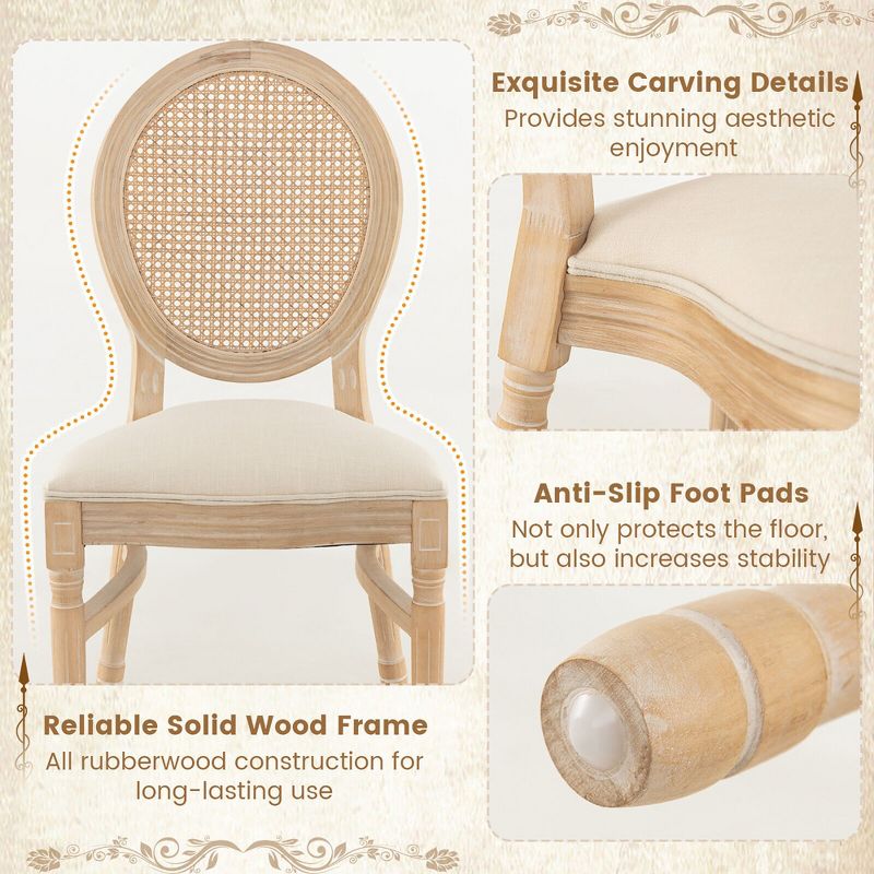 Tangkula Dining Chairs Set of 2 French Style Kitchen Chair w/ Hand-Woven Rattan Backrest, 5 of 10