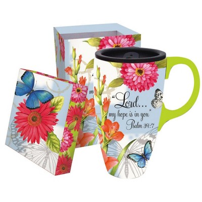 Evergreen Butterfly Blessings 17 oz. Boxed Ceramic Latte Travel Cup
