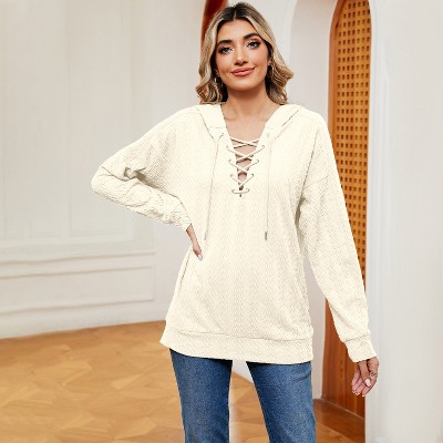 Womens Hooded Knit Sweatshirt Tie Neck Long Sleeve Casual Pullover