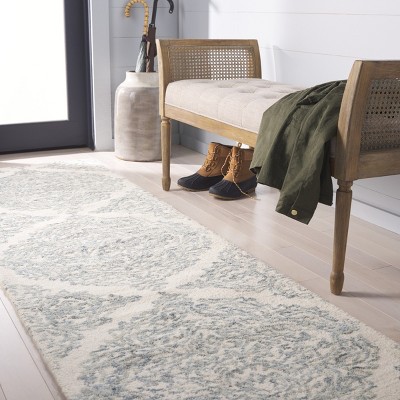 Ivory and Blue Hand-Tufted Wool Damask Runner Rug