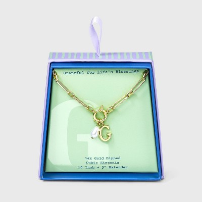 14K Gold Dipped Pearl Charm on Chain Initial Necklace - A New Day Gold