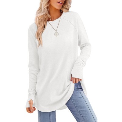 Women's Long Sleeve Tunic Tops Thumb Holes Loose Fit Crew Neck Shirt Curved Hem Fall Casual Blouse Tee Top