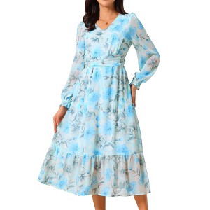 INSPIRE CHIC Women's Long Sleeve Floral V Neck Boho Ruffle Tiered Flowy Chiffon Midi Dress with Pocket - 1 of 4