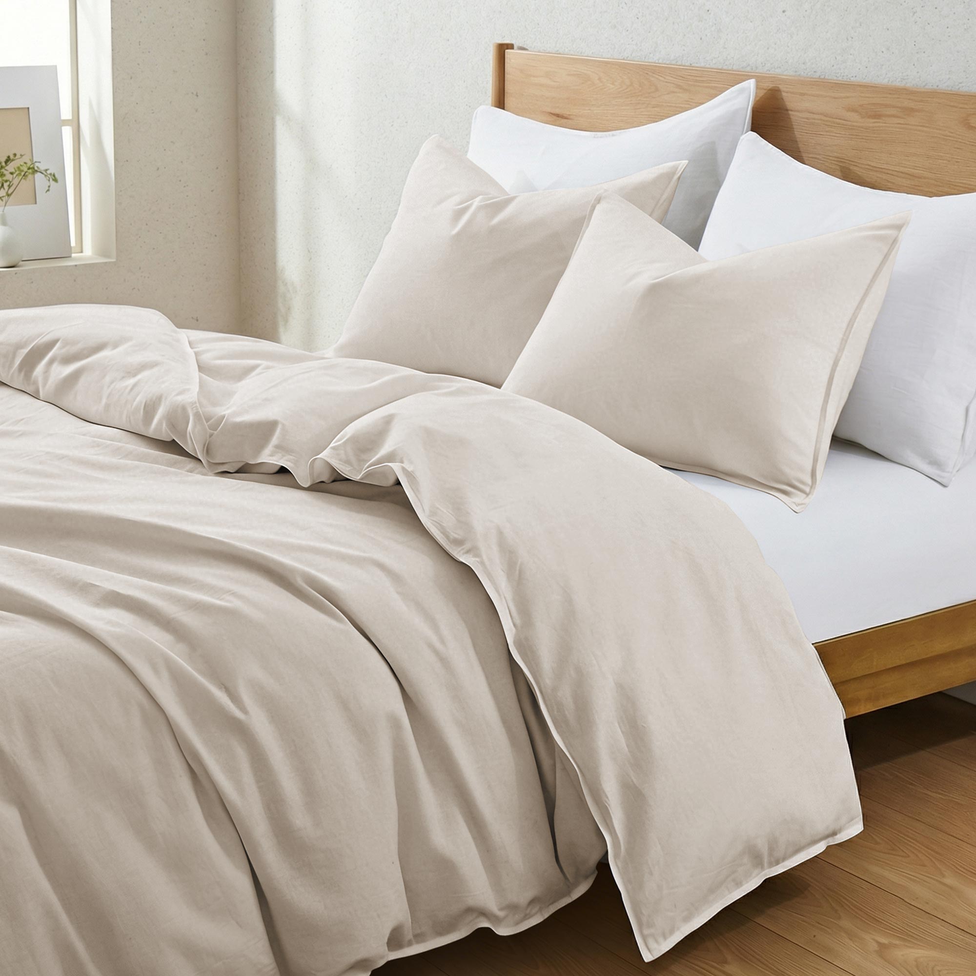 Peace Nest Classic Linen Cotton Bedding Set, Woven 55% Linen 45% Cotton Duvet Cover and Pillow Shams, Soft & Breathable, Beige, Full/Queen