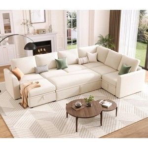 Sectional Sleeper Sofa with Pull Out Bed, Chenille Modular Sectional Sofa U Shaped Couch with Pull Out Couch and Storage Seat & Ottoman - 1 of 4