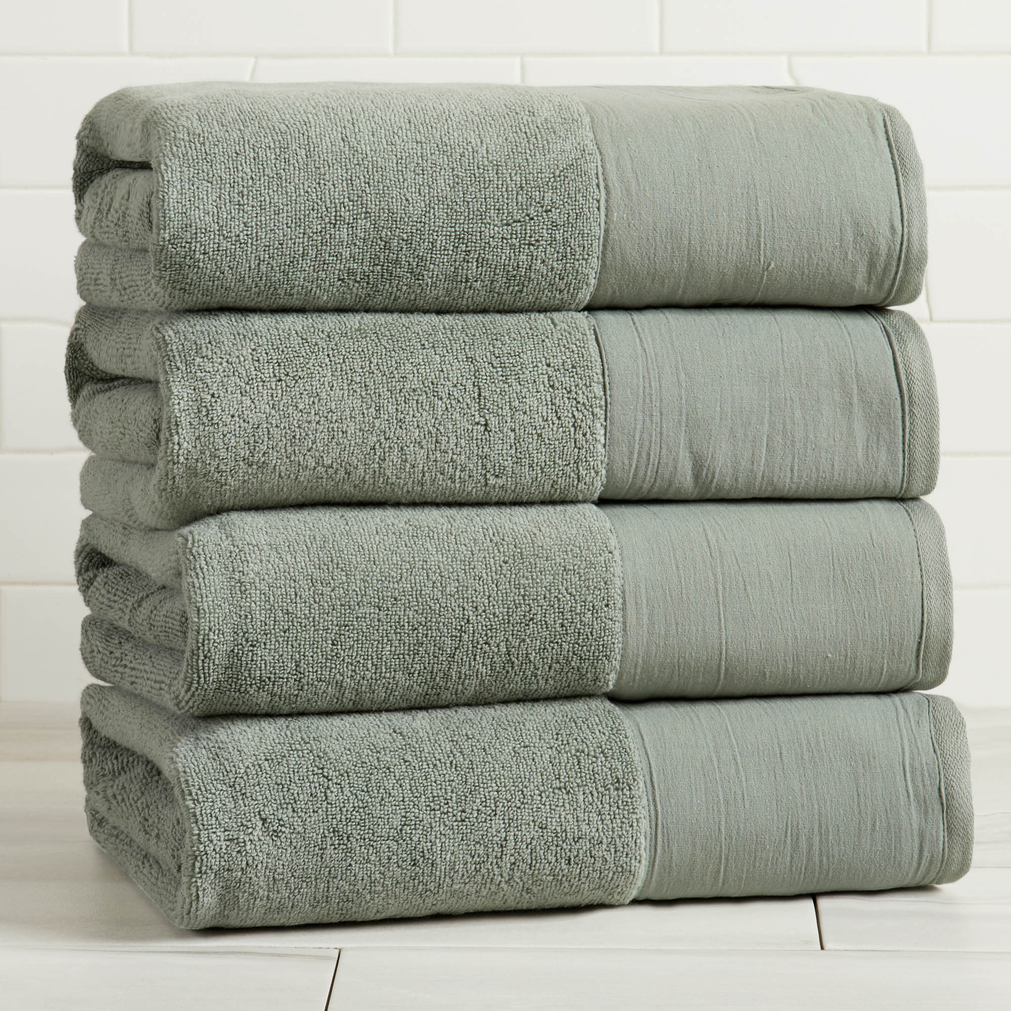 Ultra-Soft Cotton and Modern Linen-Like Border Bath Towels - Great Bay Home (4pk Bath Towels, Sage Green)