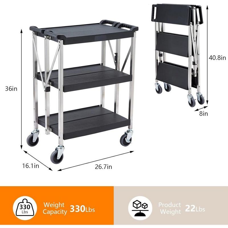 Portable Folding Service Cart 3-Tier Fold Up Rolling Cart 330lbs 26.7"Dx16"Wx36"H, 2 of 7