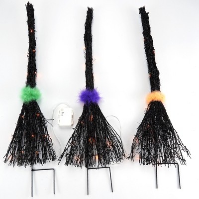 Lakeside Lighted Halloween Witches Brooms Garden Stakes for Outdoors - Set of 3