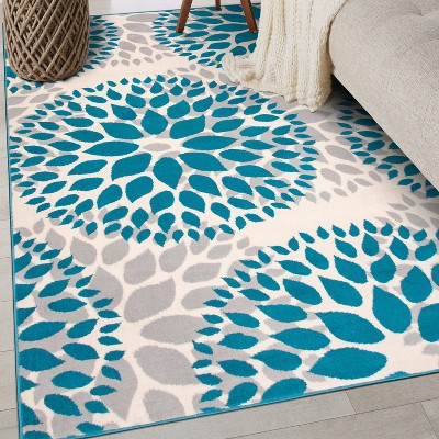 Blue Floral Synthetic Easy Care Area Rug 7'6" x 9'5"