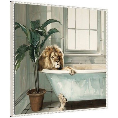 Kate & Laurel All Things Decor 30"x30" Sylvie Lion Relaxing Tub Zen Bathroom Framed Canvas by The Creative Bunch Studio Beaded White