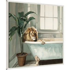 Kate & Laurel All Things Decor 30"x30" Sylvie Lion Relaxing Tub Zen Bathroom Framed Canvas by The Creative Bunch Studio Beaded White - 1 of 4