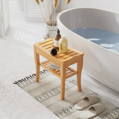 Natural Bamboo Wood Spa Shower Bench with Storage Shelf