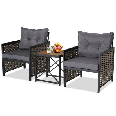 Tangkula 3PCS Rattan Furniture Set Acacia Wood Coffee Table & 2 Chairs Backyard Patio