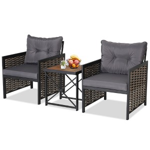 Tangkula 3PCS Rattan Furniture Set Acacia Wood Coffee Table & 2 Chairs Backyard Patio - 1 of 4