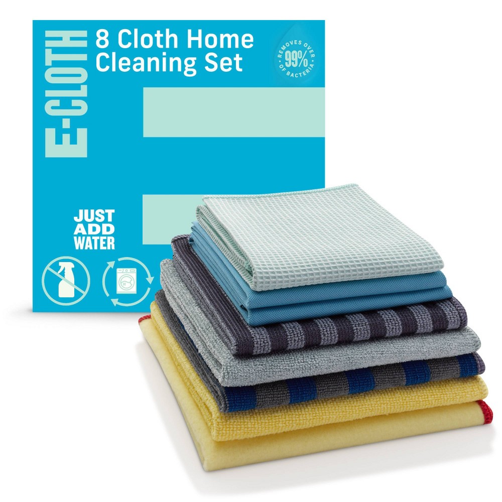 E-Cloth Home Cleaning Set  Reusable Microfiber Cleaning Cloths  300 Wash  Assorted Colors  8 Piece Set