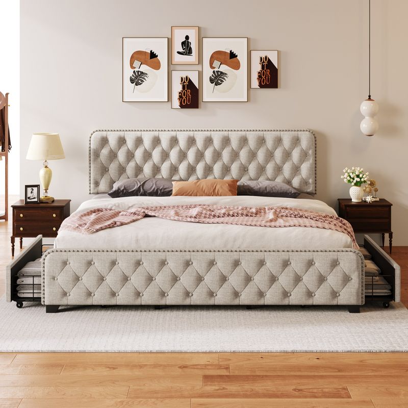 Button Tufted Upholstered Platform Bed with Four Drawers - ModernLuxe, 2 of 11