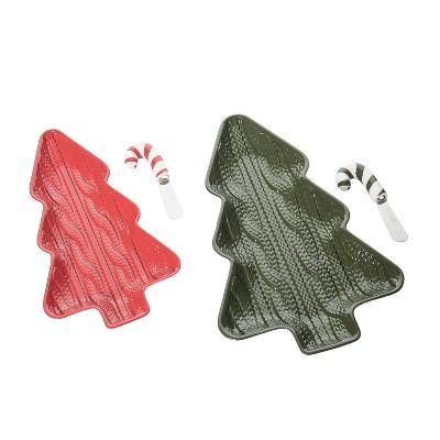 Transpac Ceramic Trees with Sweater Texture Platter with Spoon Home Decorations Set of 2 Christmas