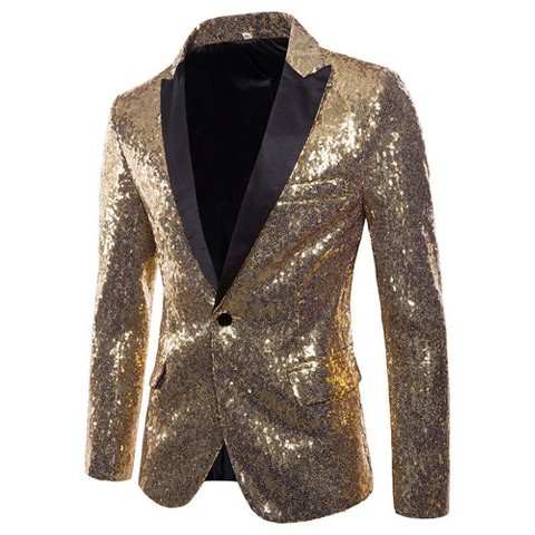 YesFashion Men's Sequin Blazer Stage Suit Jacket, Retro Sparkling Emcee Tuxedo for Host Performance, Sizes S-2XL Gold S