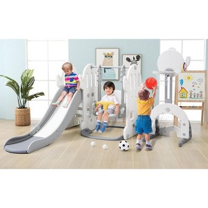 7 in 1 Slide and Swing Set, Kids Playset with Climbing Ladder, Swing, Basketball Hoop, Soccer Golf and Ring Toss Game, Playground for Toddlers - 1 of 4
