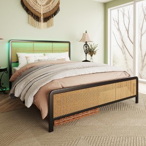 Rattan Full Size Bed Frame with Headboard and Footboard, Boho Bed Frame with Heavy Duty Sturdy Steel Slat Support, No Box Spring Needed, Noise Free - 1 of 4