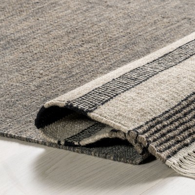 Black and Beige Tufted Wool Striped 4' x 6' Area Rug