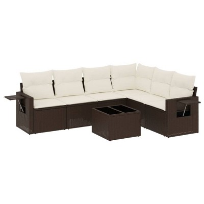vidaXL 7 Piece Patio Sofa Set with Cushions - Brown and Cream With Table