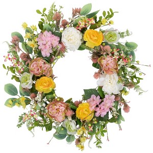 Northlight Rose and Hydrangea Floral Spring Wreath - 26" - Pink and Yellow - 1 of 4