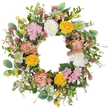 Northlight Rose and Hydrangea Floral Spring Wreath - 26" - Pink and Yellow