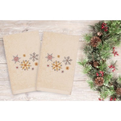 Christmas Snowfall Embroidered Beige Turkish Cotton Hand Towels (Set of 2)