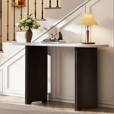 Whisen Narrow Entryway Console Table with Oval Marble Top, Rustic Hallway Accent Table for Entrance and Living Room