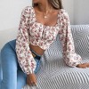 Clearlove Women's Floral Lantern Long Sleeve Crop Shirt Fall Casual Square Neck Tie Waist Pleated Short Top - 4 of 4