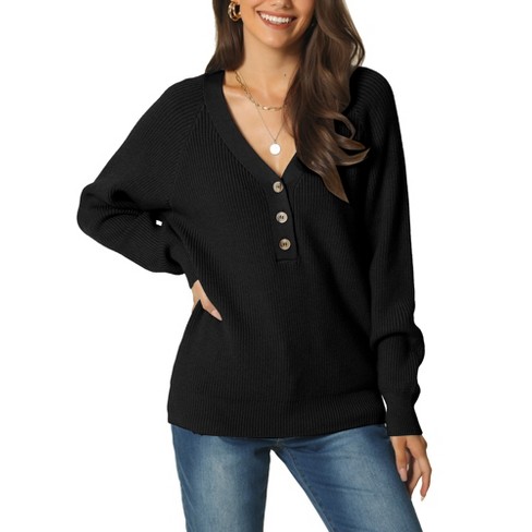 Seta T Women's Long Sleeve V Neck Button Solid Color Ribbed Knit Casual  Pullover Sweaters : Target