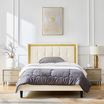Queen Size Bed Frame, Upholstered Platform Bed Frame, Modern Wingback Headboard, Solid Wood Slats Support, No Box Spring Needed