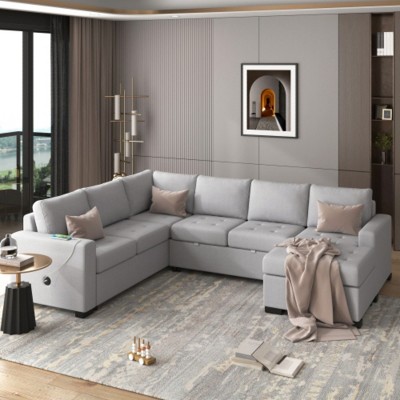 Sofa Sectional with Hidden Pull-Out Bed and Reclining Chair, Equipped with USB and Type-C Ports, Ideal for Living Rooms, Offices, and Large Areas